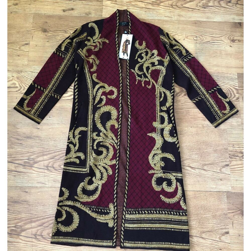 Vertigo Jacquard Black/Red/Gold Long Open Wool Blend Cardigan Sweater Size S NWT - Picture 9 of 11